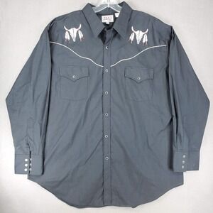 Ely Diamond Western Shirt Sz XXL Black Bull Skull Pearl Snap Embroidery Long Slv